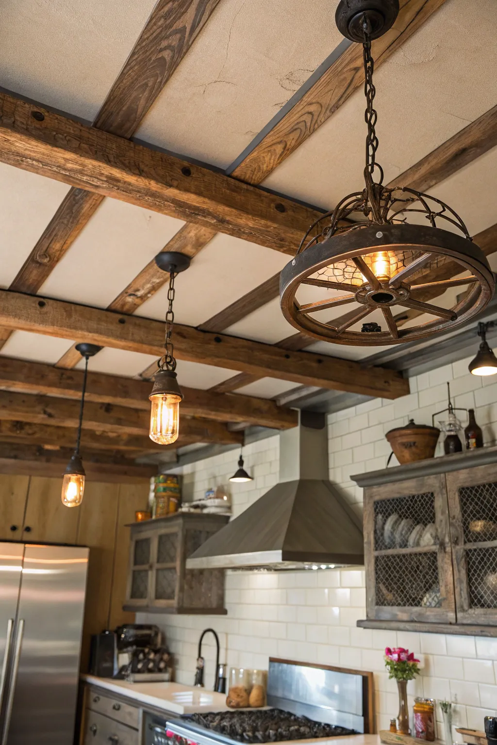 Metal accents create a striking rustic-industrial blend.
