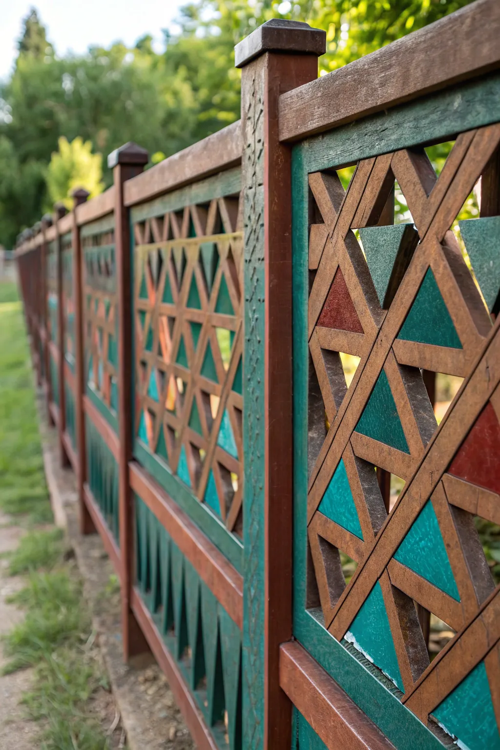 Bold and modern: A geometric masterpiece in rustic metal fencing.