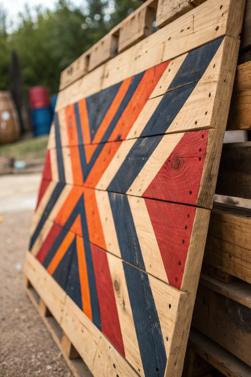 Transform your space with bold geometric pallet art – where rustic meets modern craftsmanship.