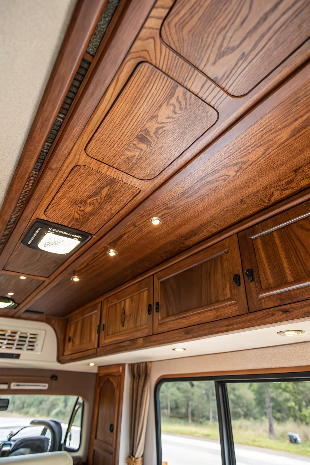 Transform your RV into a cabin on wheels with exquisite wood paneling that exudes rustic charm.