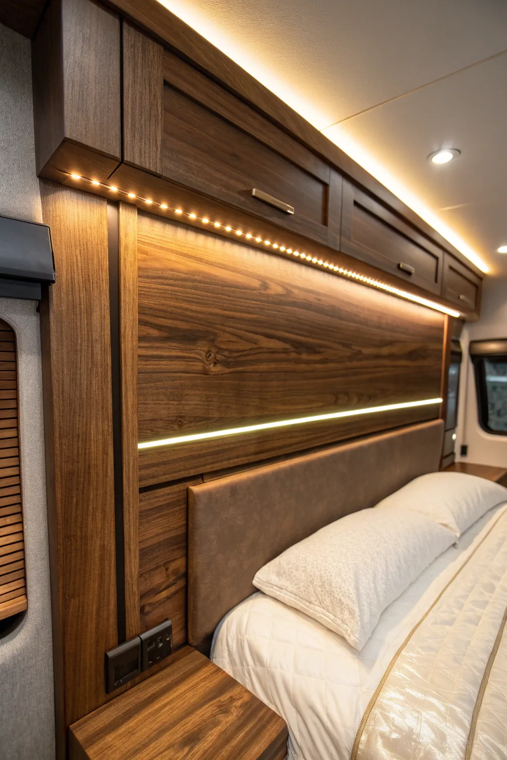 Elevate your RV space with an illuminated headboard masterpiece.
