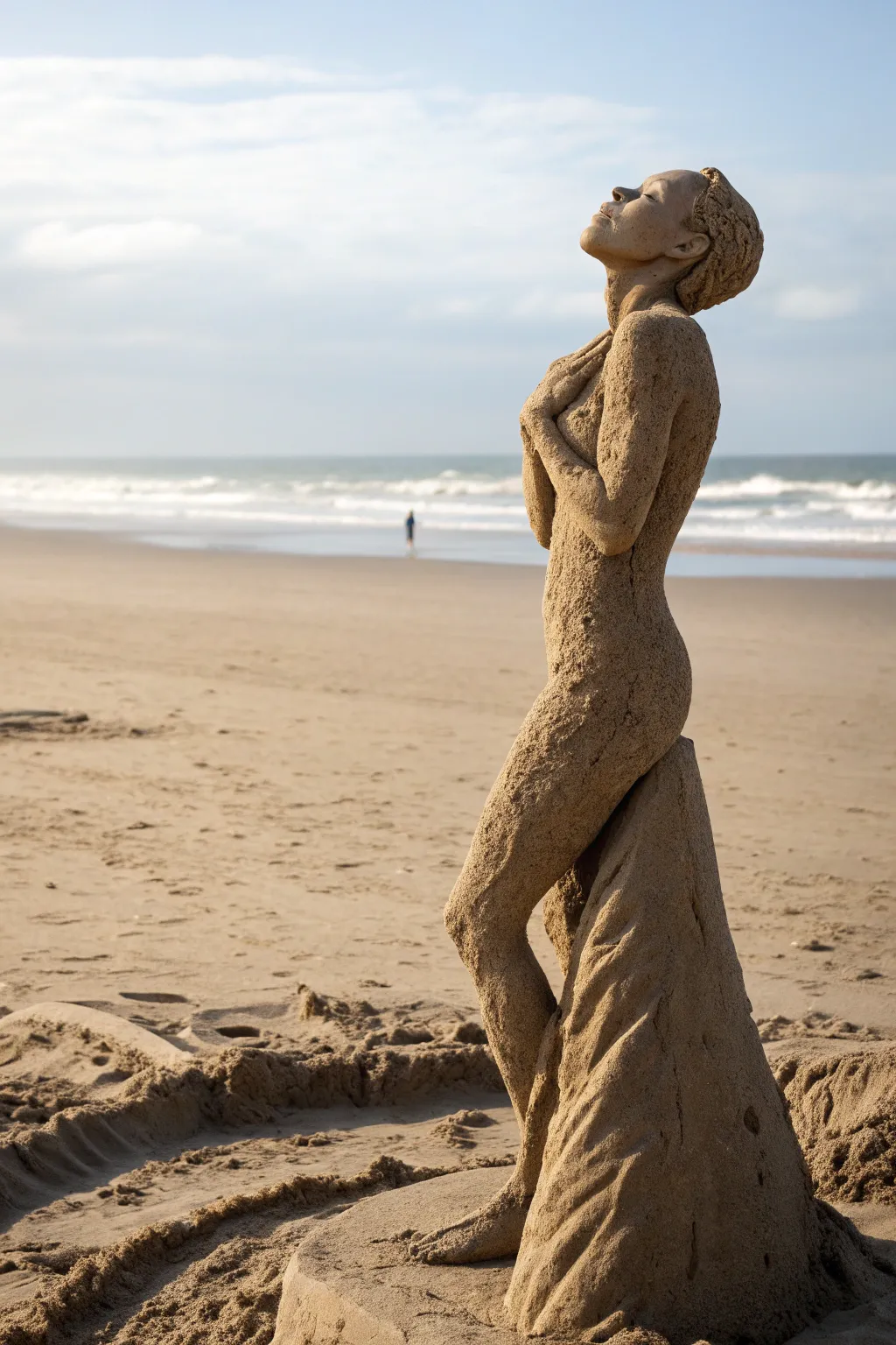 Capturing stories in sand: A stunning human figure sculpture brings emotions to life on the shore.