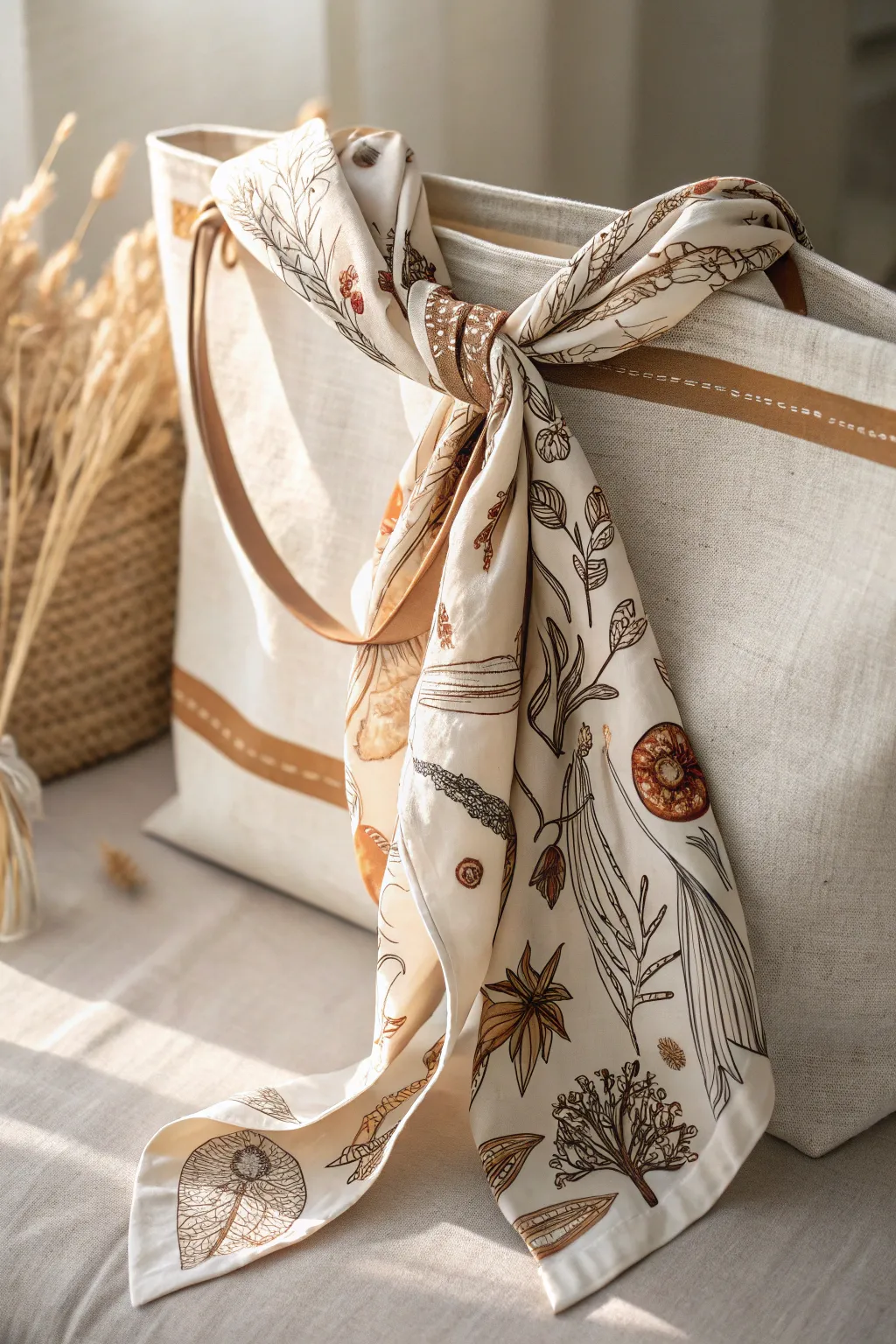 Elevate your tote: A simple scarf transforms your bag into a style statement.