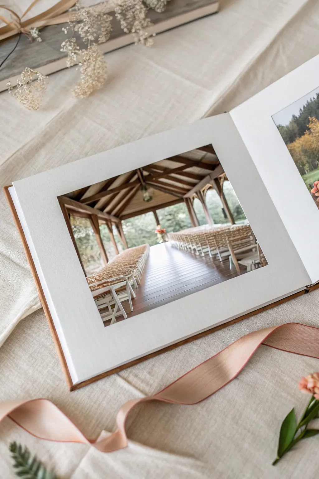 Capture the essence of your wedding venue with a minimalist scrapbook design that unfolds to reveal breathtaking beauty.