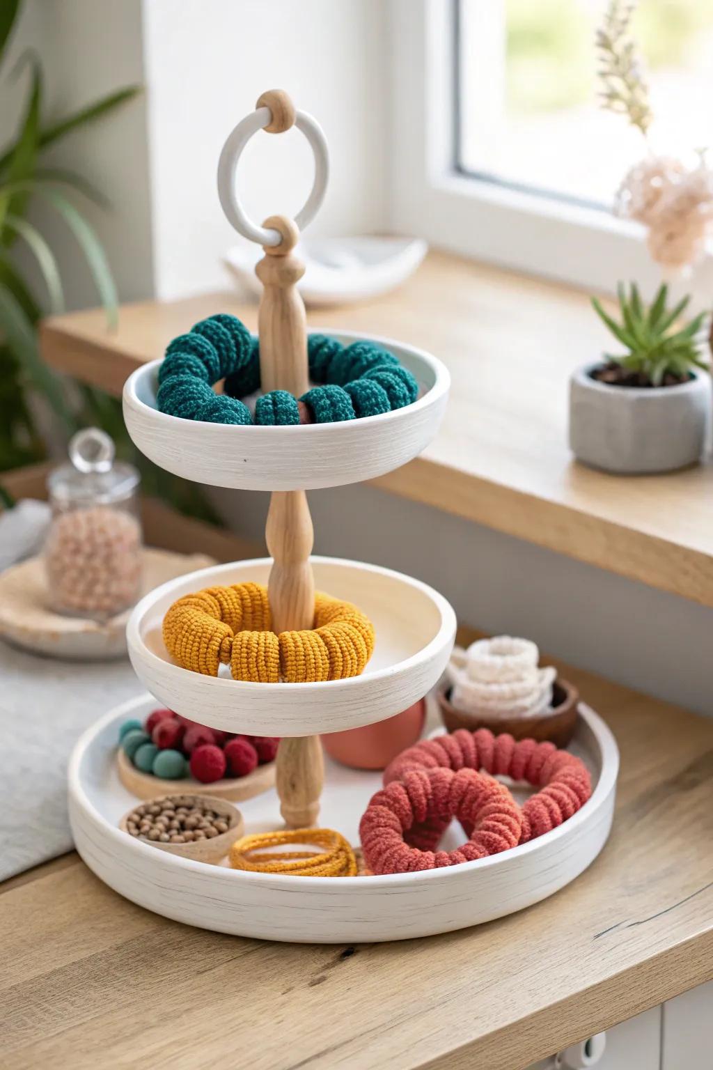 Display your scrunchie collection with chic Scandinavian flair using a tiered tray—where vintage meets vibrant!