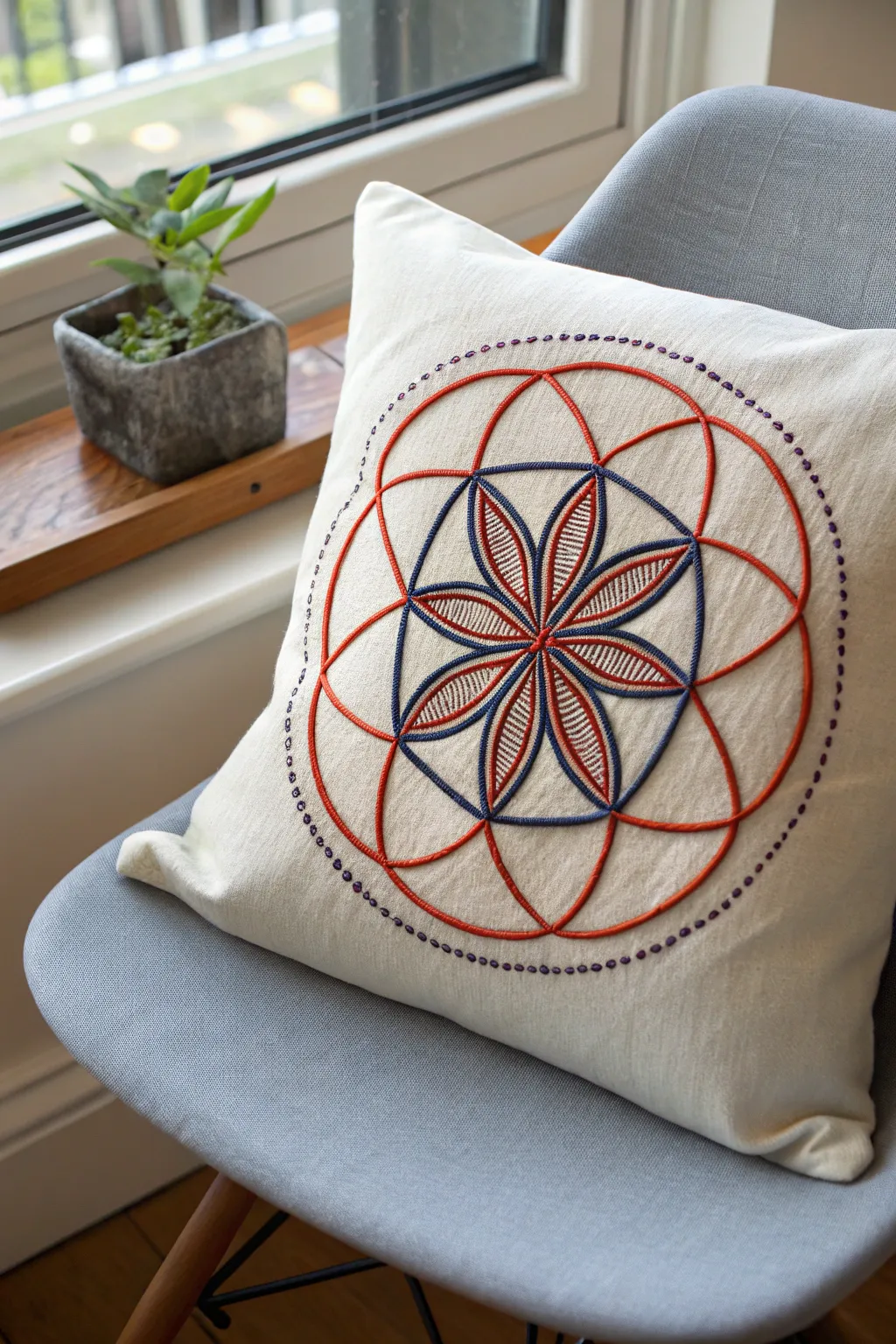Embrace the harmony of geometry and craftsmanship with this Seed of Life embroidered pillow, a bold yet minimalist touch for your serene space.