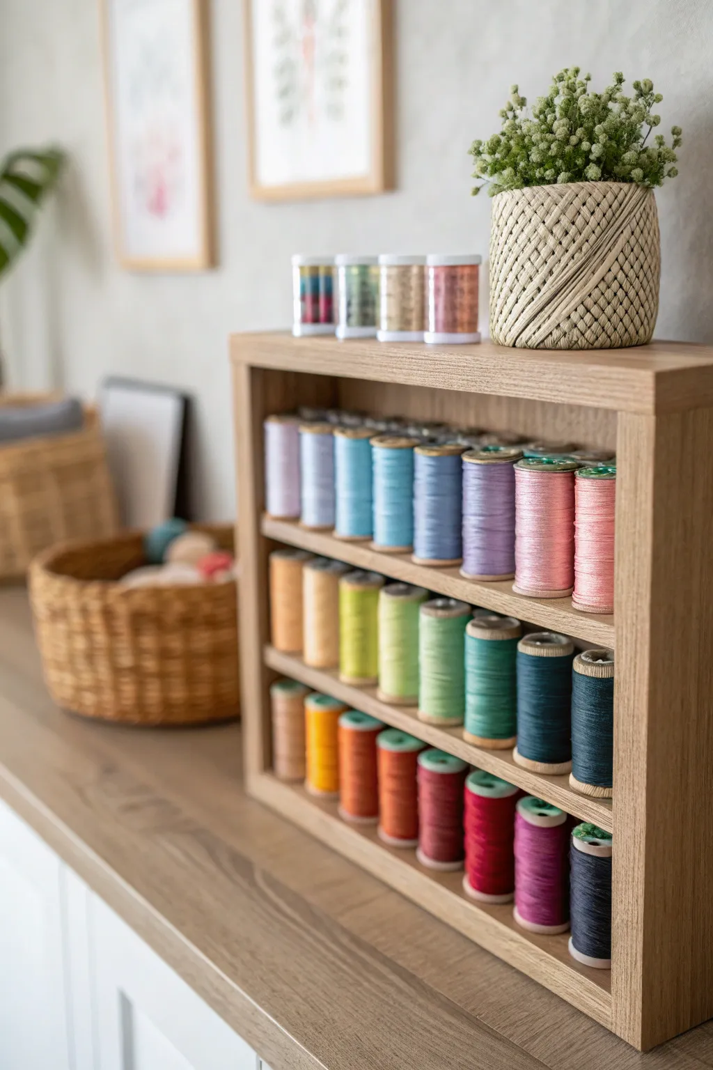 Crafted Charm: Simplify your sewing space with elegant cubbies.