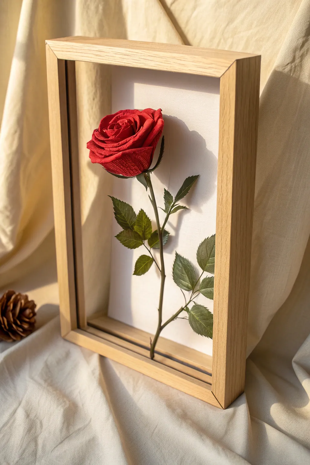 Capture romance and elegance with a timeless artificial rose in a minimalist shadow box.