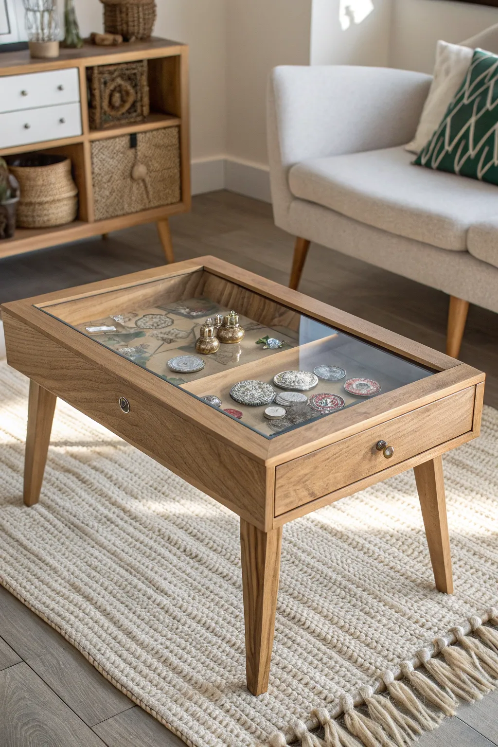 Preserve memories in style with this elegant shadow box table, a perfect blend of minimalist design and boho charm.