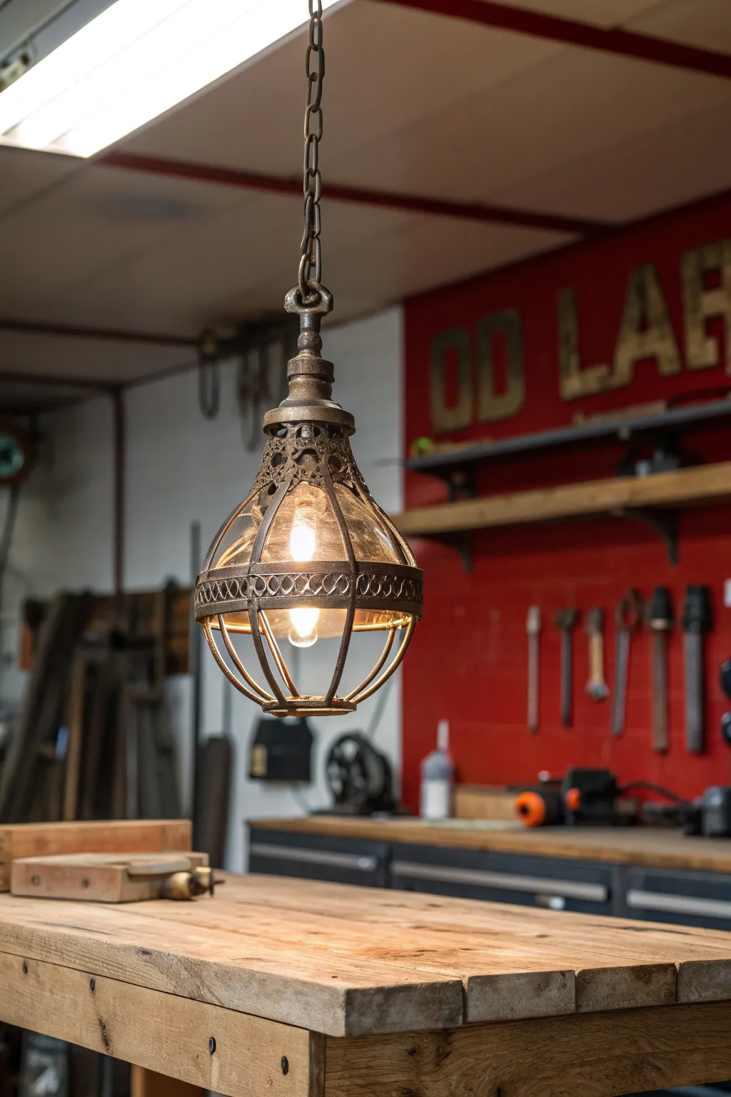 Illuminate your workspace with rustic elegance: The perfect pendant light for craftsmanship.