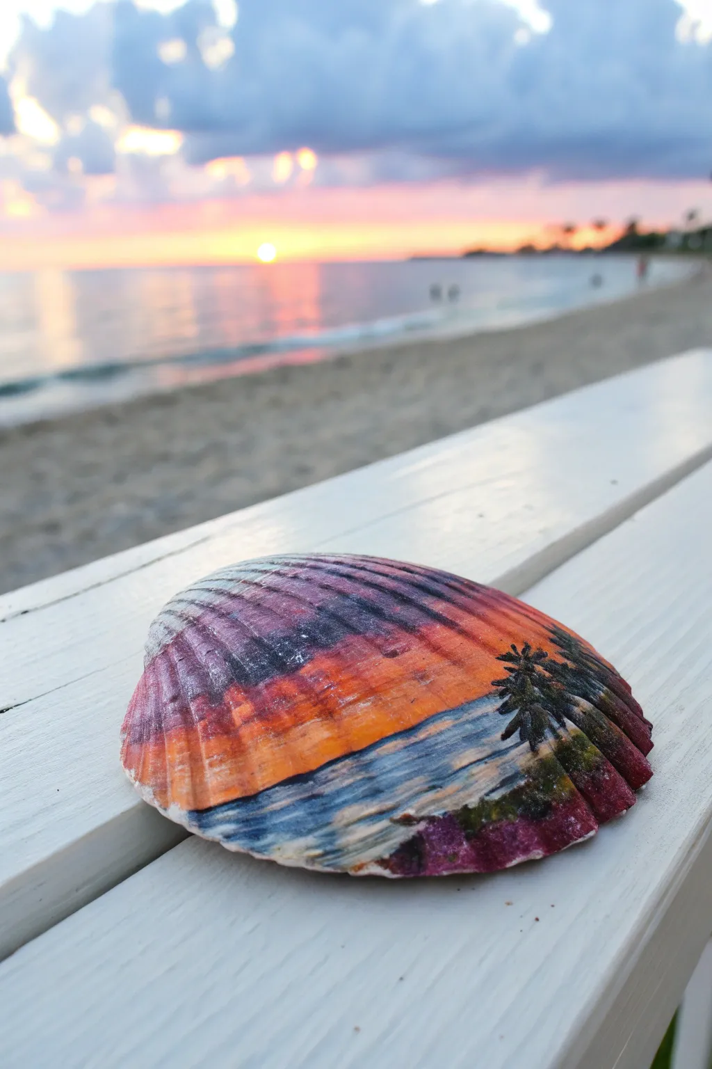 Bring the beach home with a painted shell sunset, where art meets nature in perfect harmony.