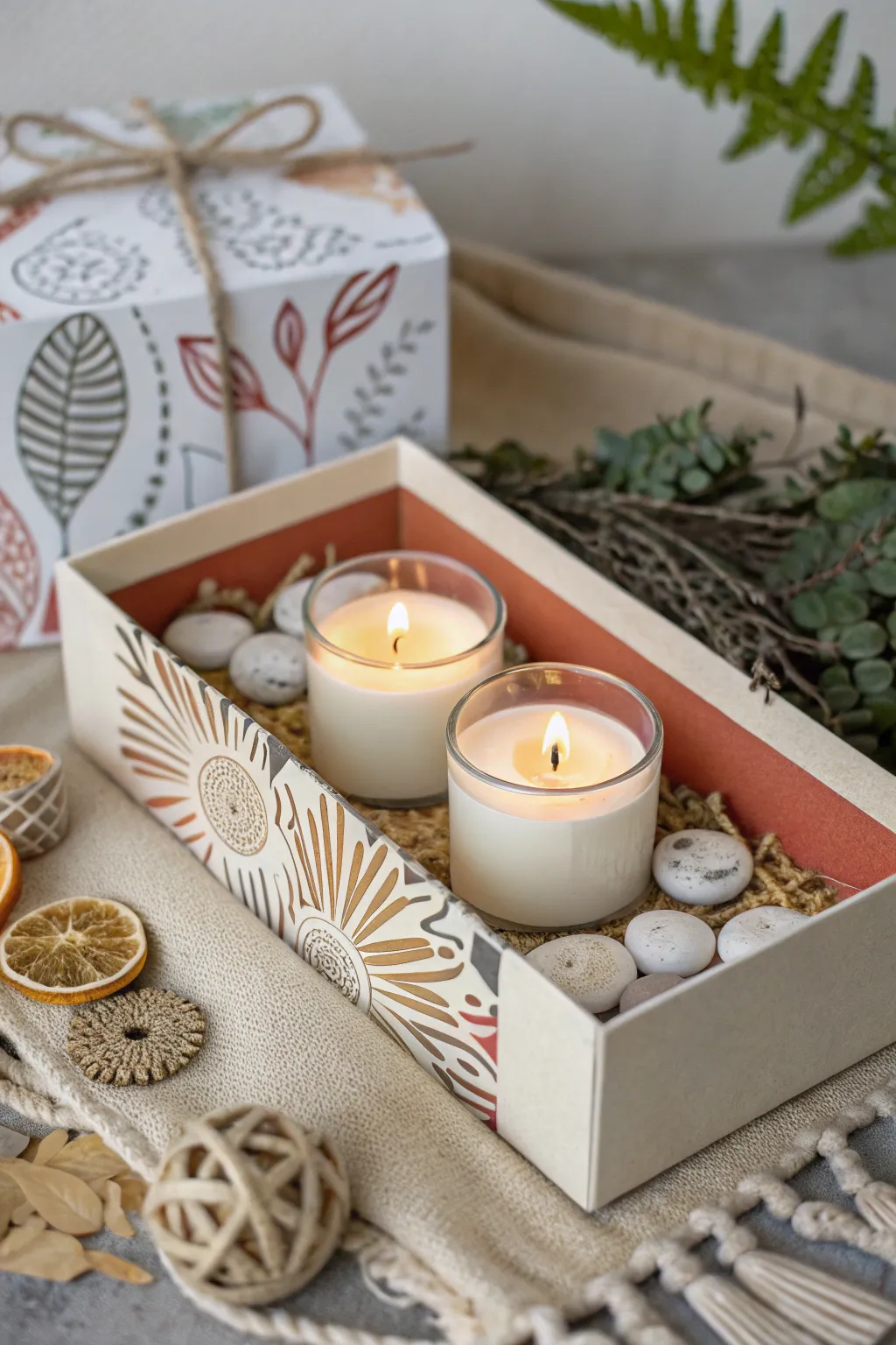 Illuminate your shoebox ofrenda with the serene glow of candles, blending minimalist elegance with Boho charm.