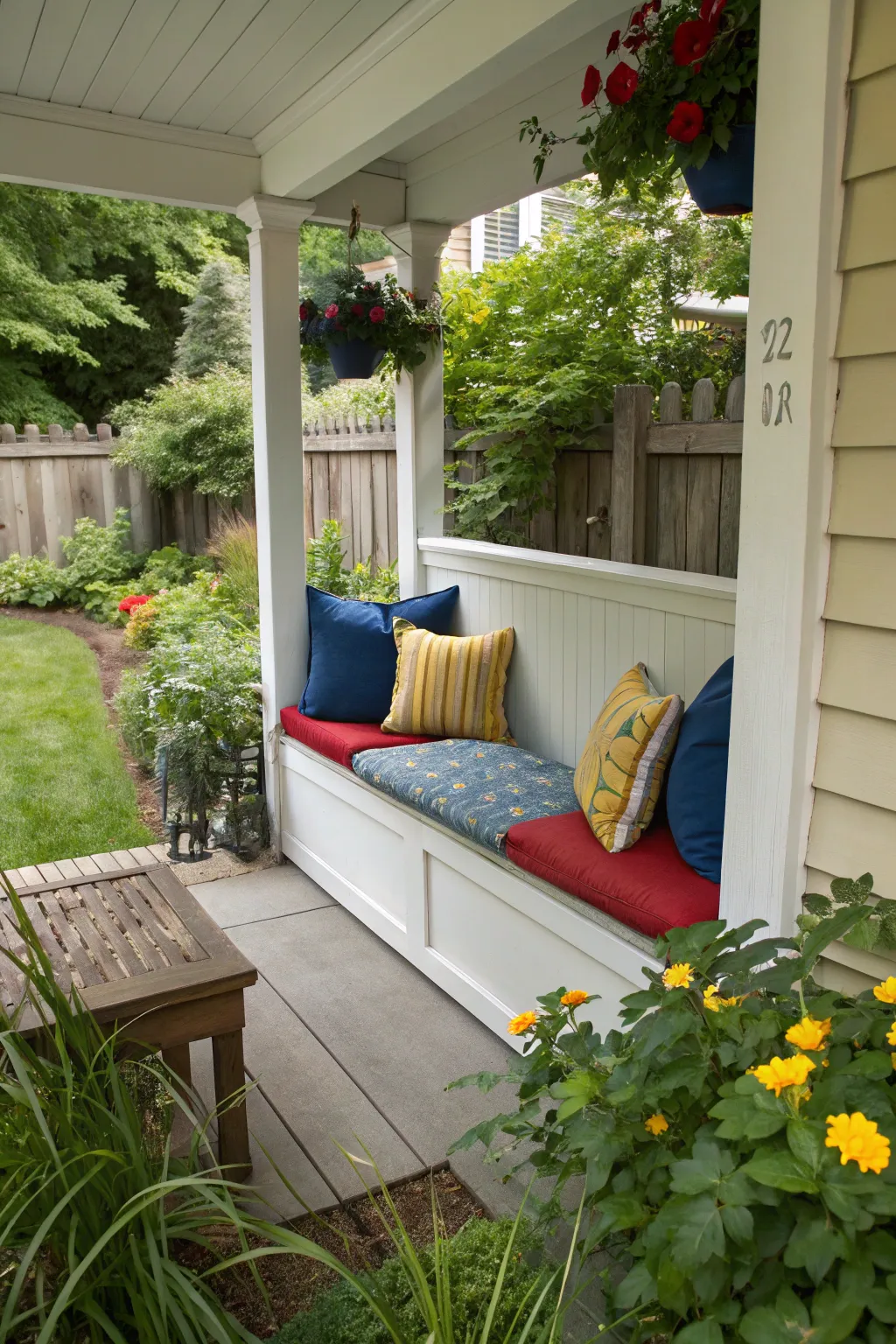 A small bench with cushions creates a cozy nook.