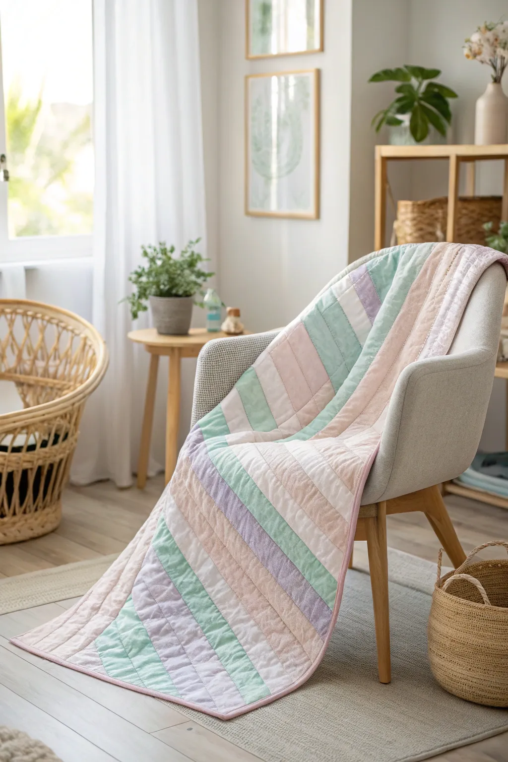 Embrace simplicity and elegance with this soothing pastel-striped baby quilt, perfect for creating a serene nap-time haven.