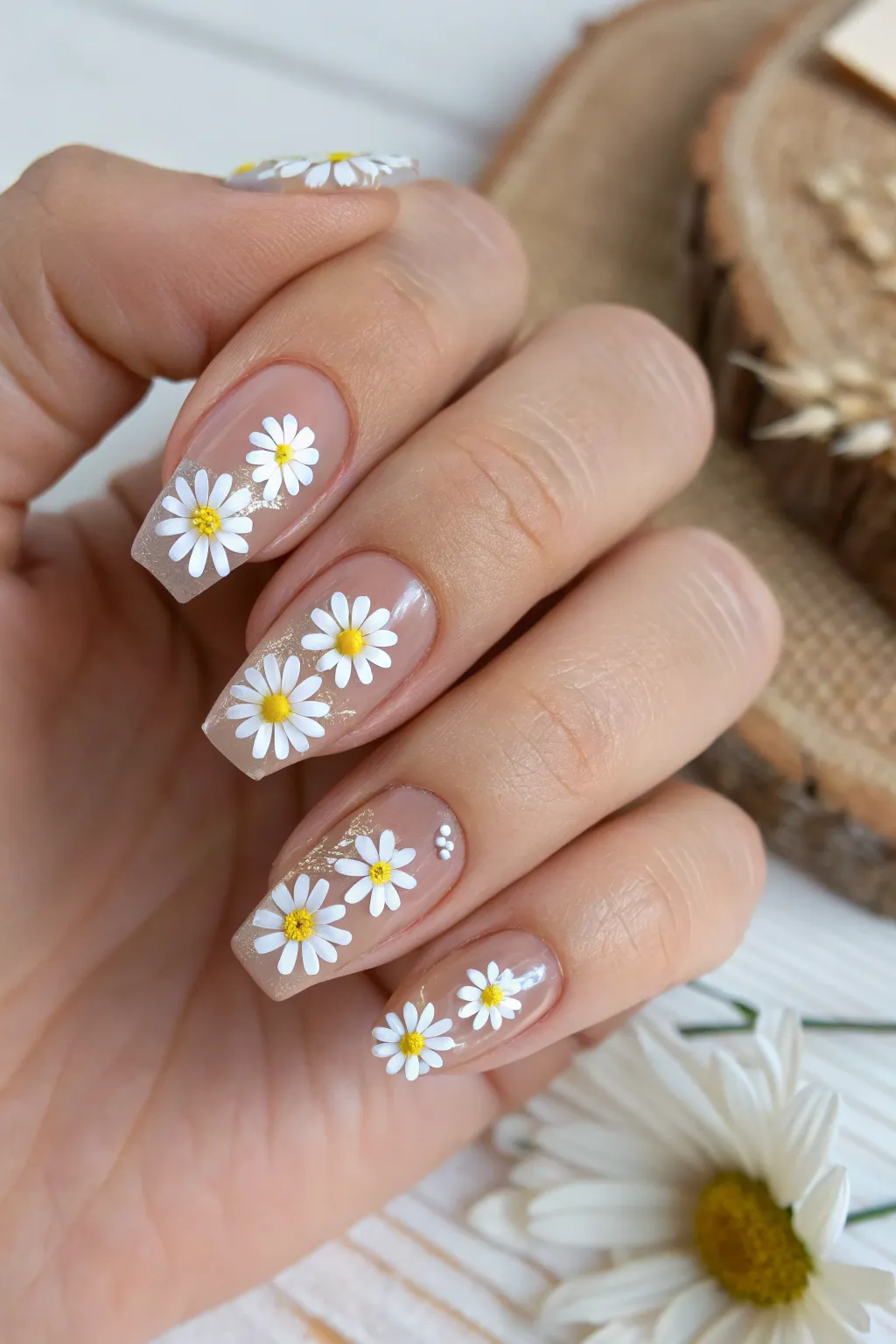 Embrace the beauty of simplicity with delicate daisy nail art on a clear base, perfect for a fresh and natural look.