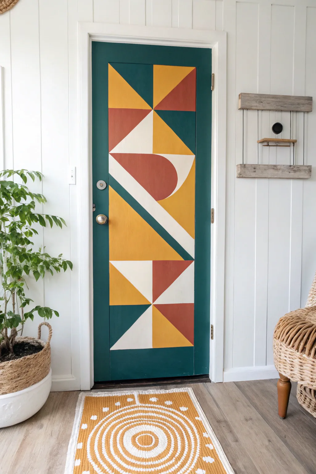 Step into a world of abstract elegance with this vibrant geometric door design.