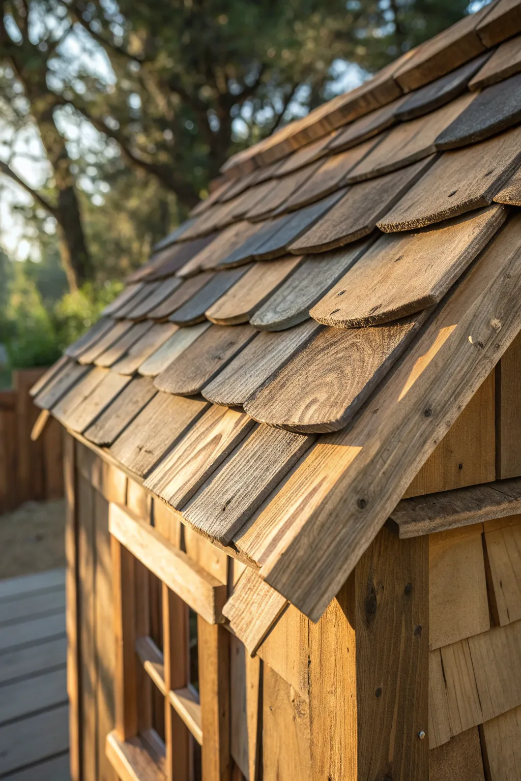 Experience the charm of rustic wooden shingles crafted from reclaimed wood, bringing warmth and character to your playhouse roof.