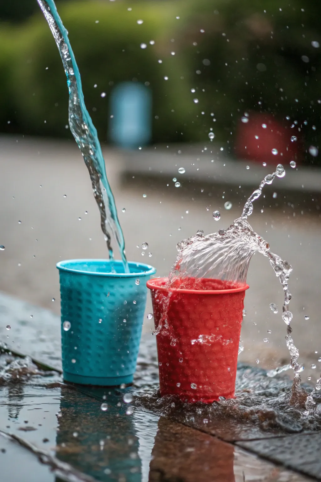 A lively scene capturing the dynamic splash of pouring water.