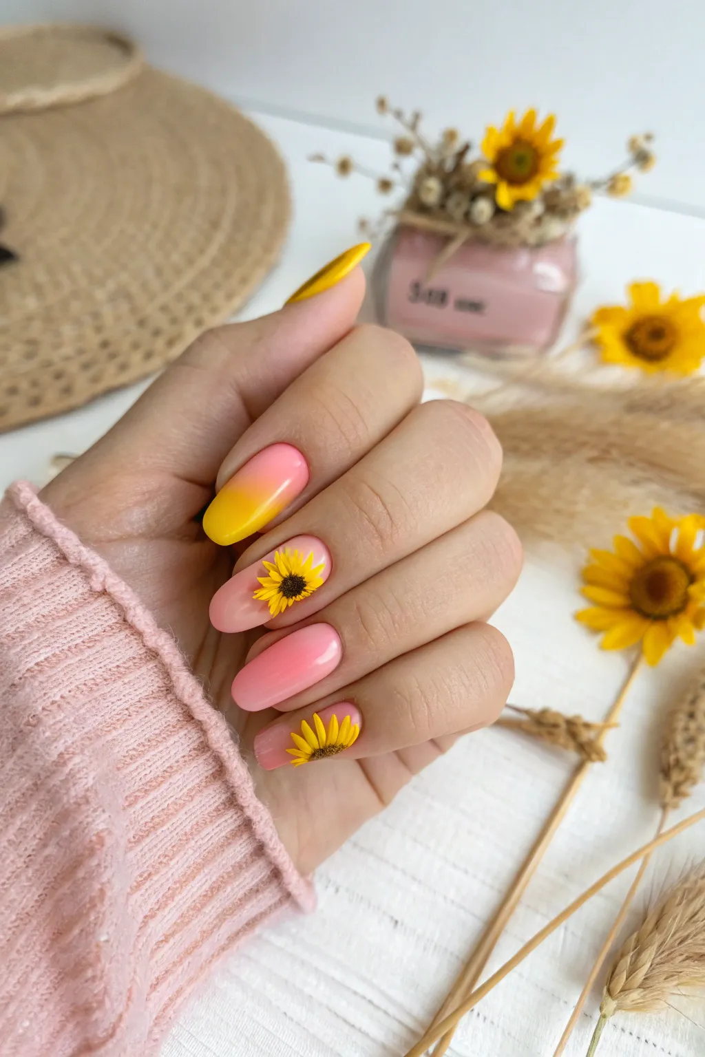 Embrace the dreamy allure of ombre sunflower nails for a perfect summer statement.