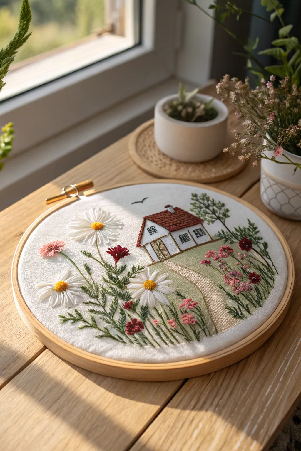 Embrace the charm of the countryside with this exquisite embroidered cottage scene, a perfect blend of simplicity and natural beauty.