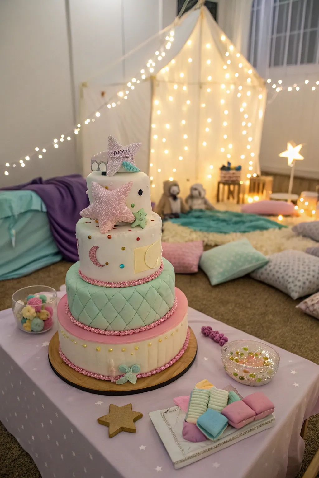 A playful pillow fight cake, capturing the fun of sleepovers.