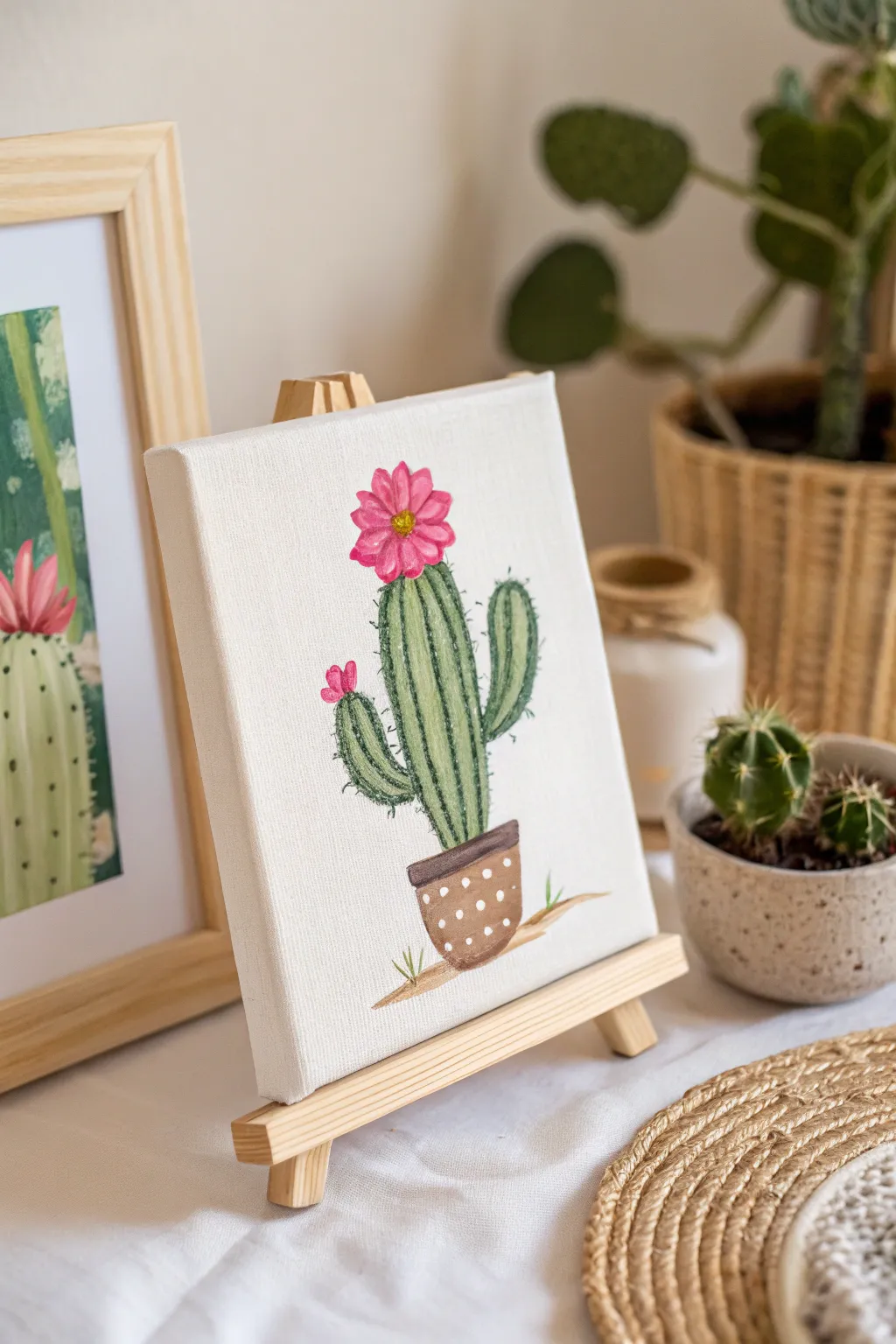 Bring a touch of desert whimsy into your home with a charming cactus painting.
