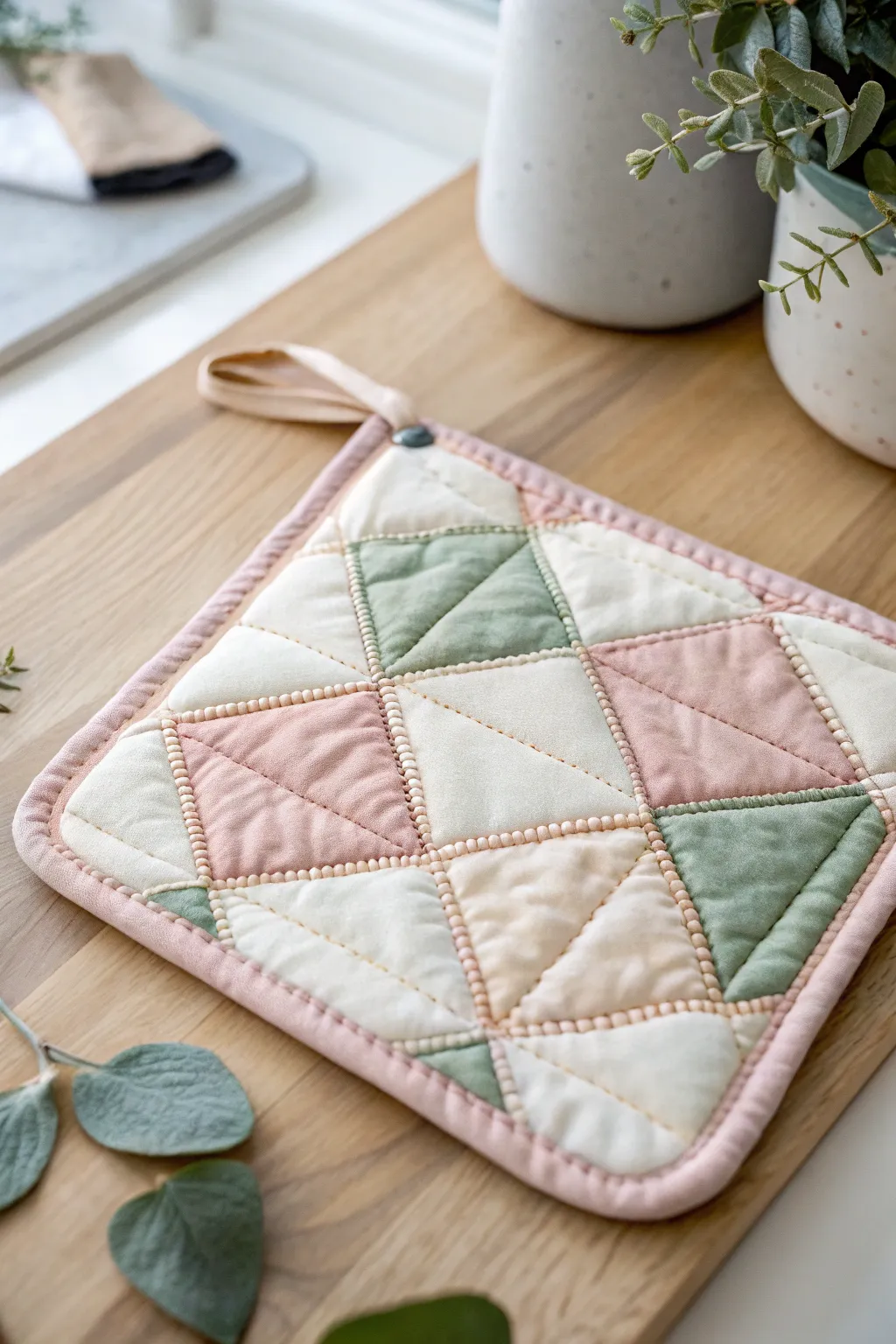 Embrace simplicity and craftsmanship with this charming quilted pot holder, perfect for adding a touch of elegance to your kitchen.