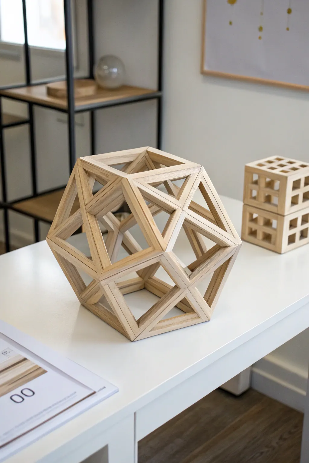 Geometric wooden cubes add a modern touch to a desk.