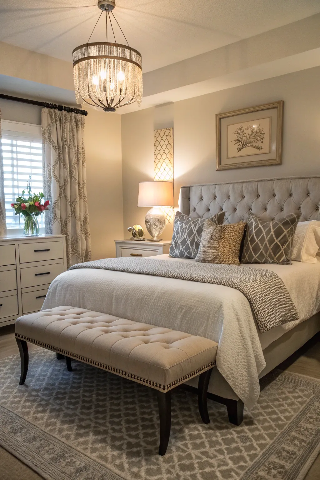 A bench at the foot of the bed is both stylish and functional.