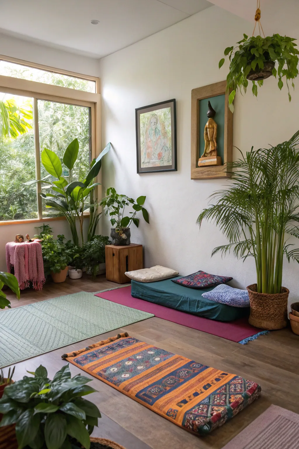Decorative elements add warmth and personality to a yoga room.