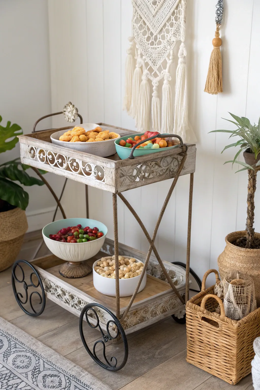 Evoke nostalgia with a vintage tea trolley turned snack cart, where old-world charm meets modern minimalist style.