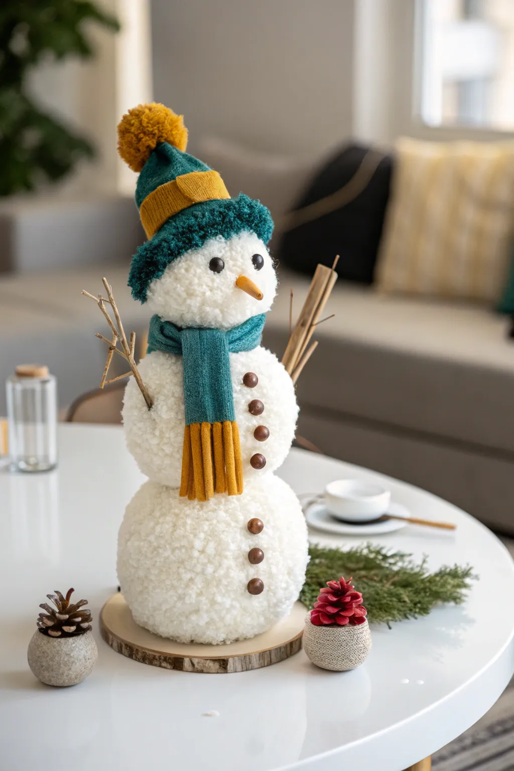 Add a touch of whimsical elegance to your table with this charming pom-pom snowman centerpiece!