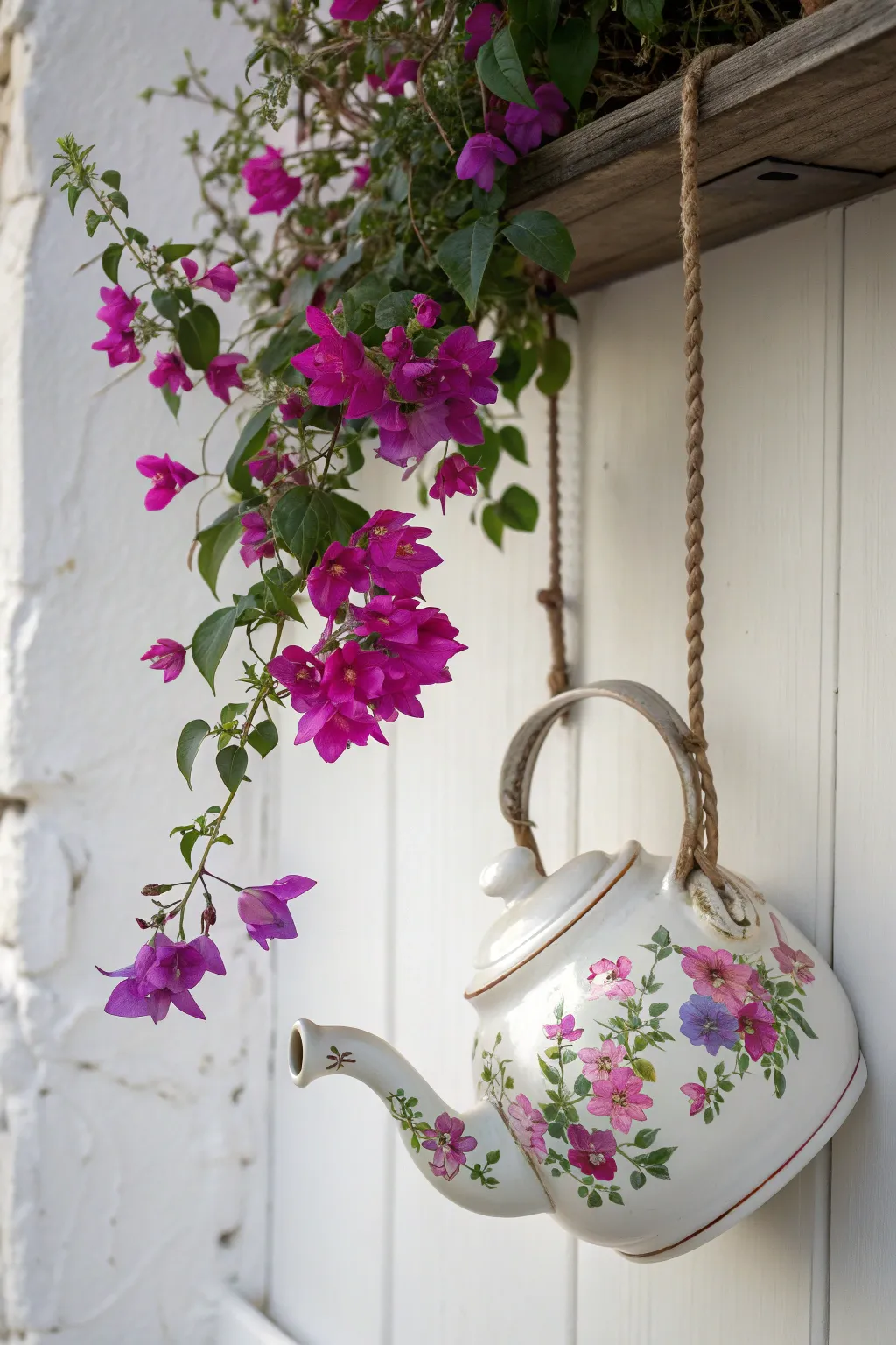 Charm meets creativity: A vintage tea pot overflows with vibrant blooms, bringing classic elegance to modern minimalism.