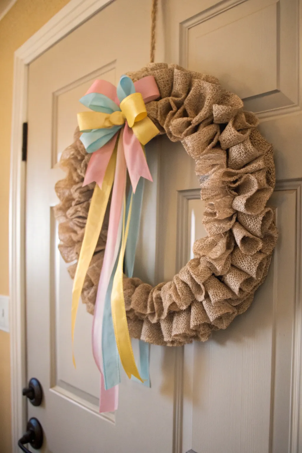 Soft pastels and burlap create a serene spring wreath.