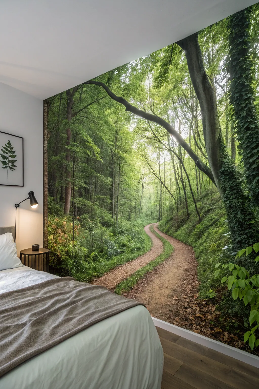 A tranquil bedroom featuring a wall mural of a forest path.