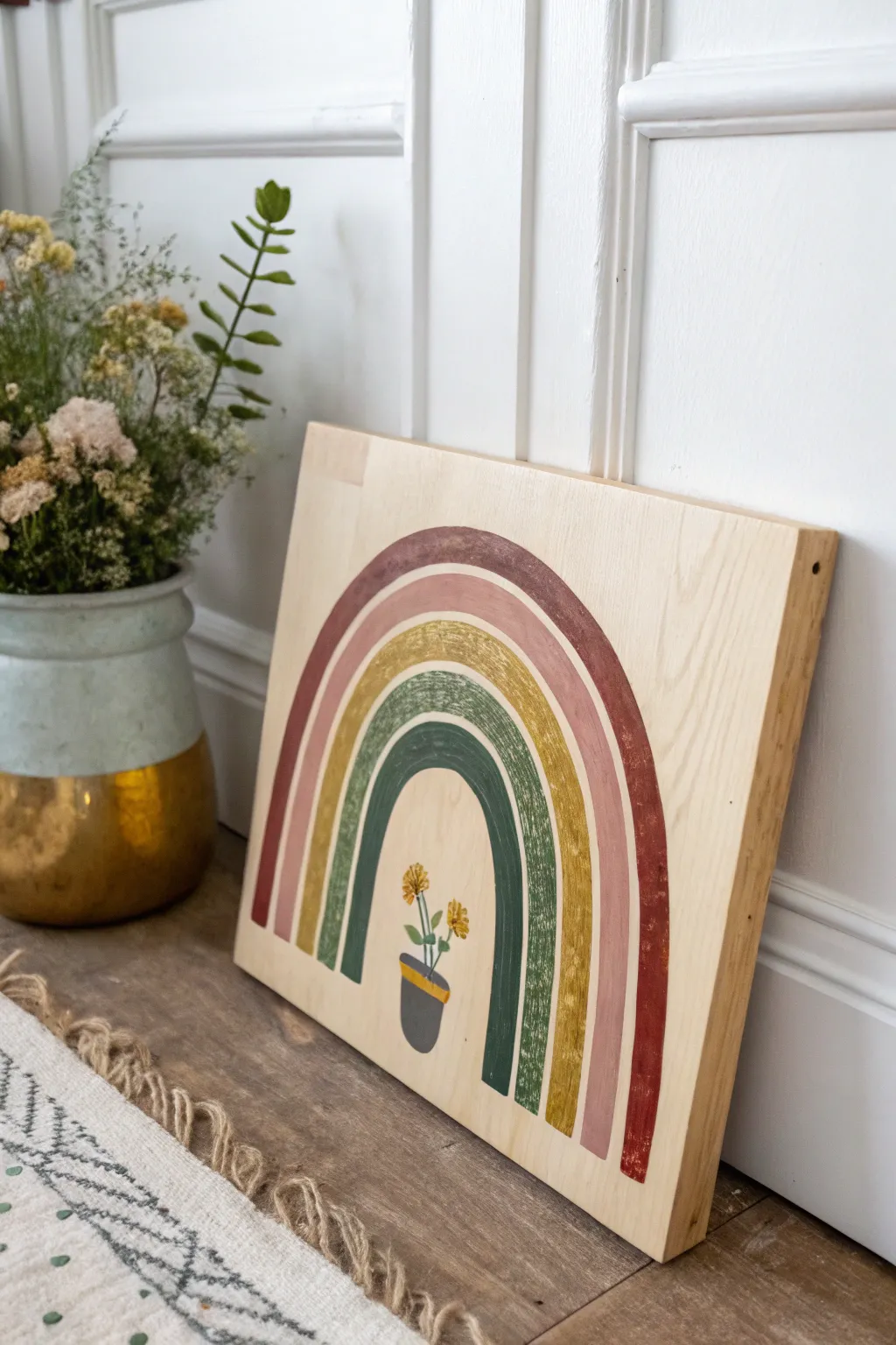 Capture the charm of Irish folklore with this minimalist rainbow and pot of gold painting, a perfect blend of bold colors and natural elegance.