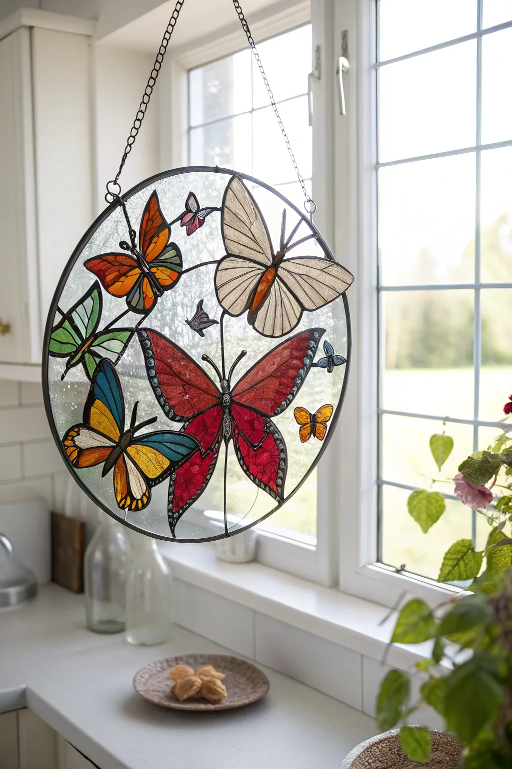Transform your space with the whimsical beauty of stained glass butterflies dancing in the sunlight.