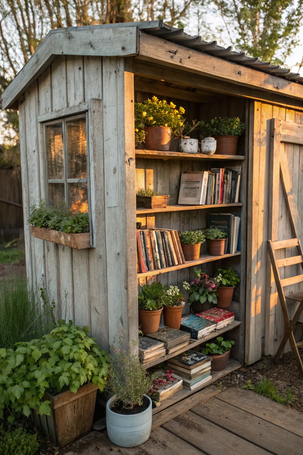 Repurposed bookshelves add character and function.
