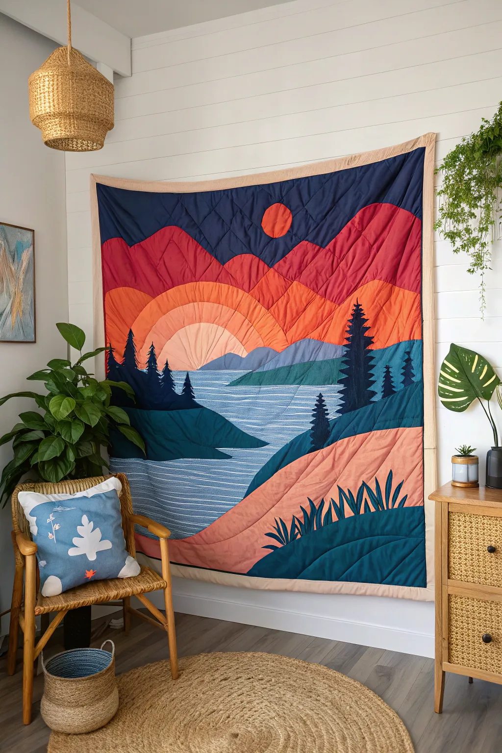 Capture the beauty of nature in every stitch with this stunning landscape quilt, where craftsmanship meets natural elegance.