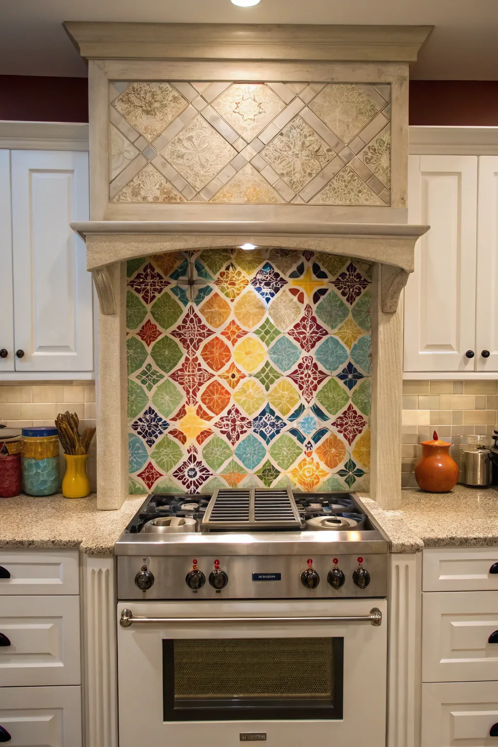 A vibrant stove alcove featuring a colorful mosaic backsplash, adding a lively touch to the kitchen.