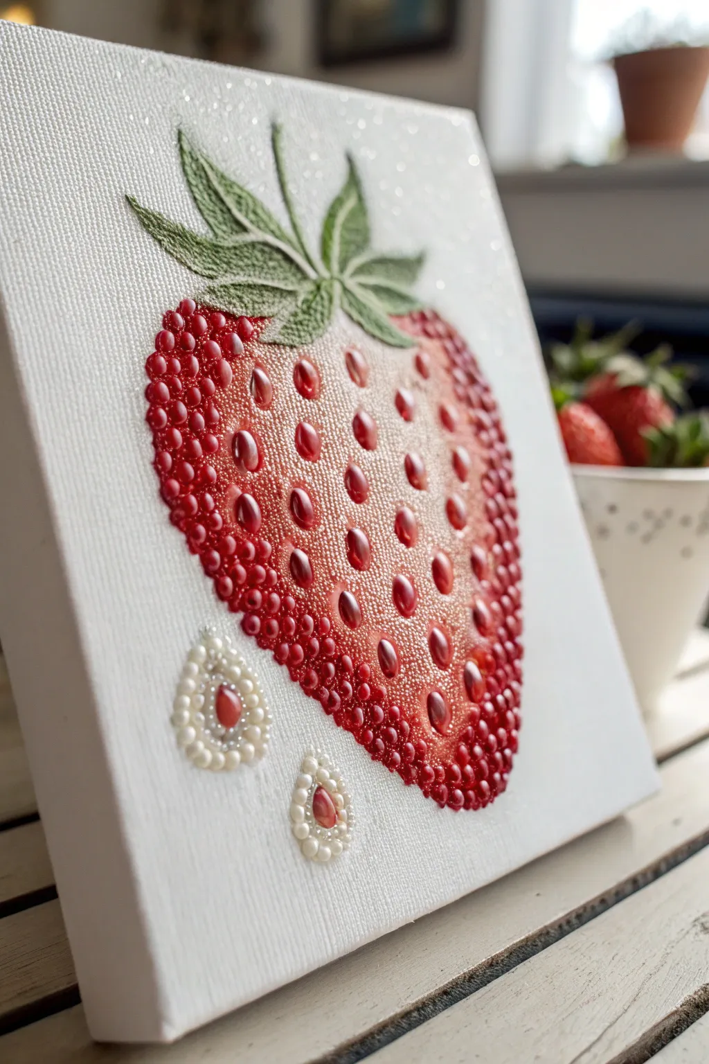 Explore the art of simplicity with this textured strawberry painting, where every dot tells a story of craftsmanship and natural beauty.