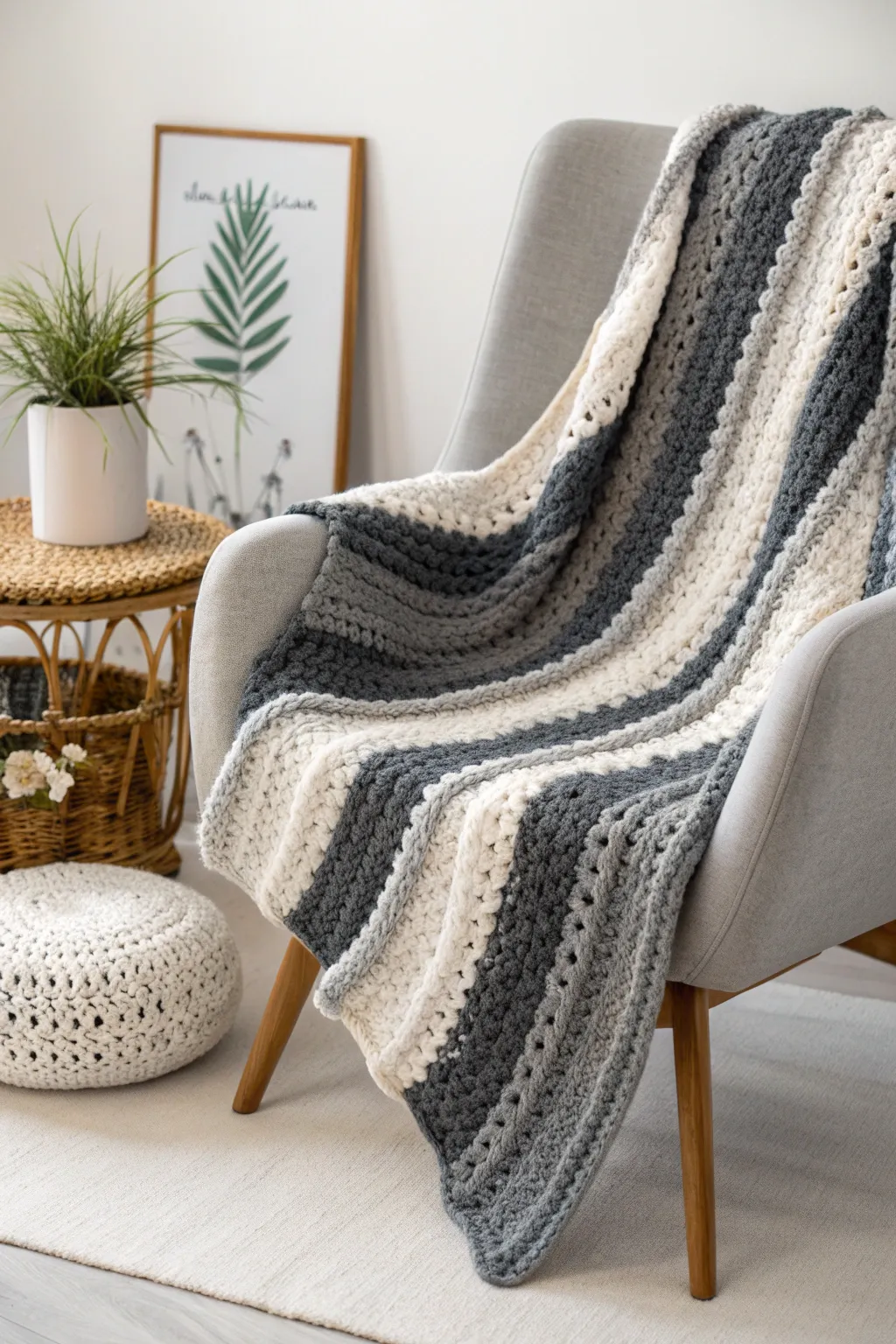 Monochromatic Elegance: Discover the timeless charm of a greyscale crochet blanket that adds depth and sophistication to any space.