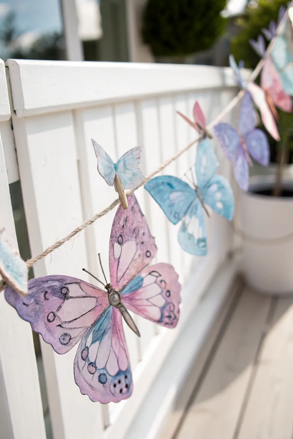 Add a touch of whimsy to your summer décor with this charming watercolor butterfly bunting, perfect for a serene patio vibe.