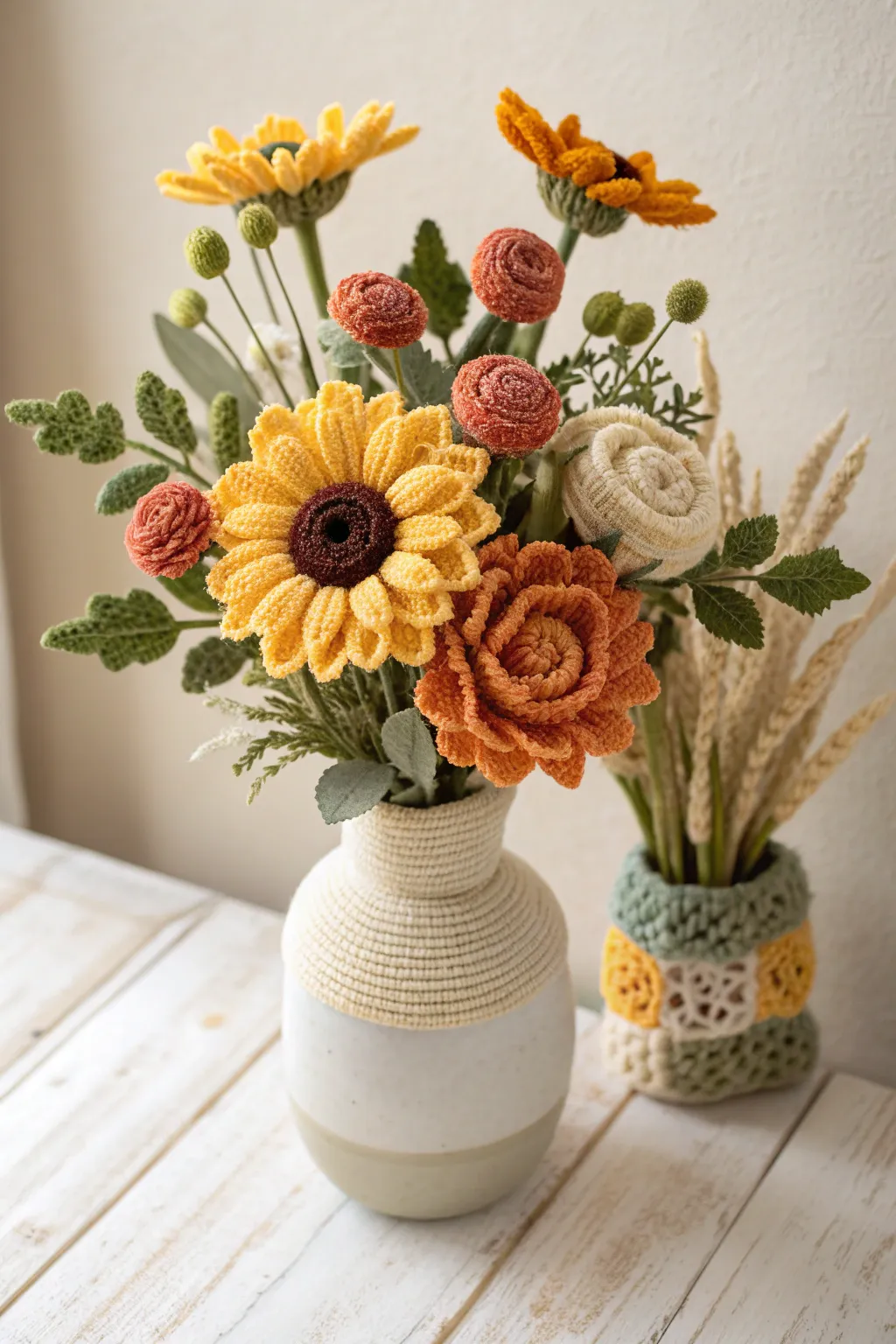 Bring a touch of eternal summer to your home with this stunning crochet sunflower bouquet.