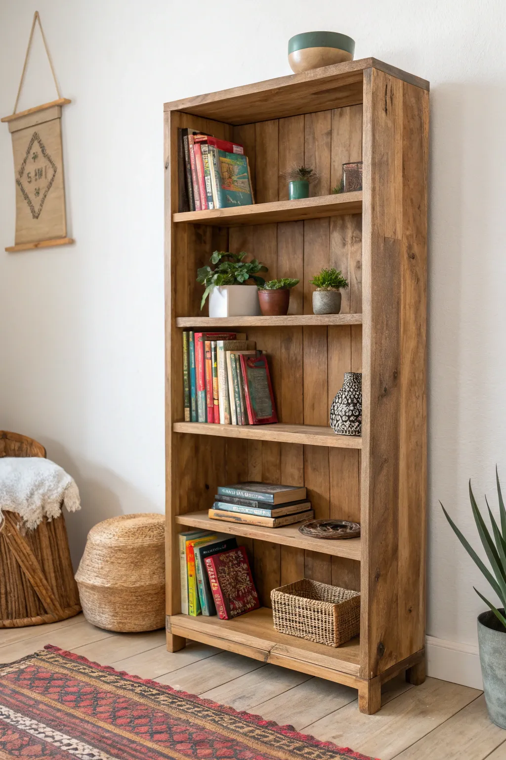 Transform your space with sustainable style: a recycled wood bookshelf that blends minimalism with bohemian charm.
