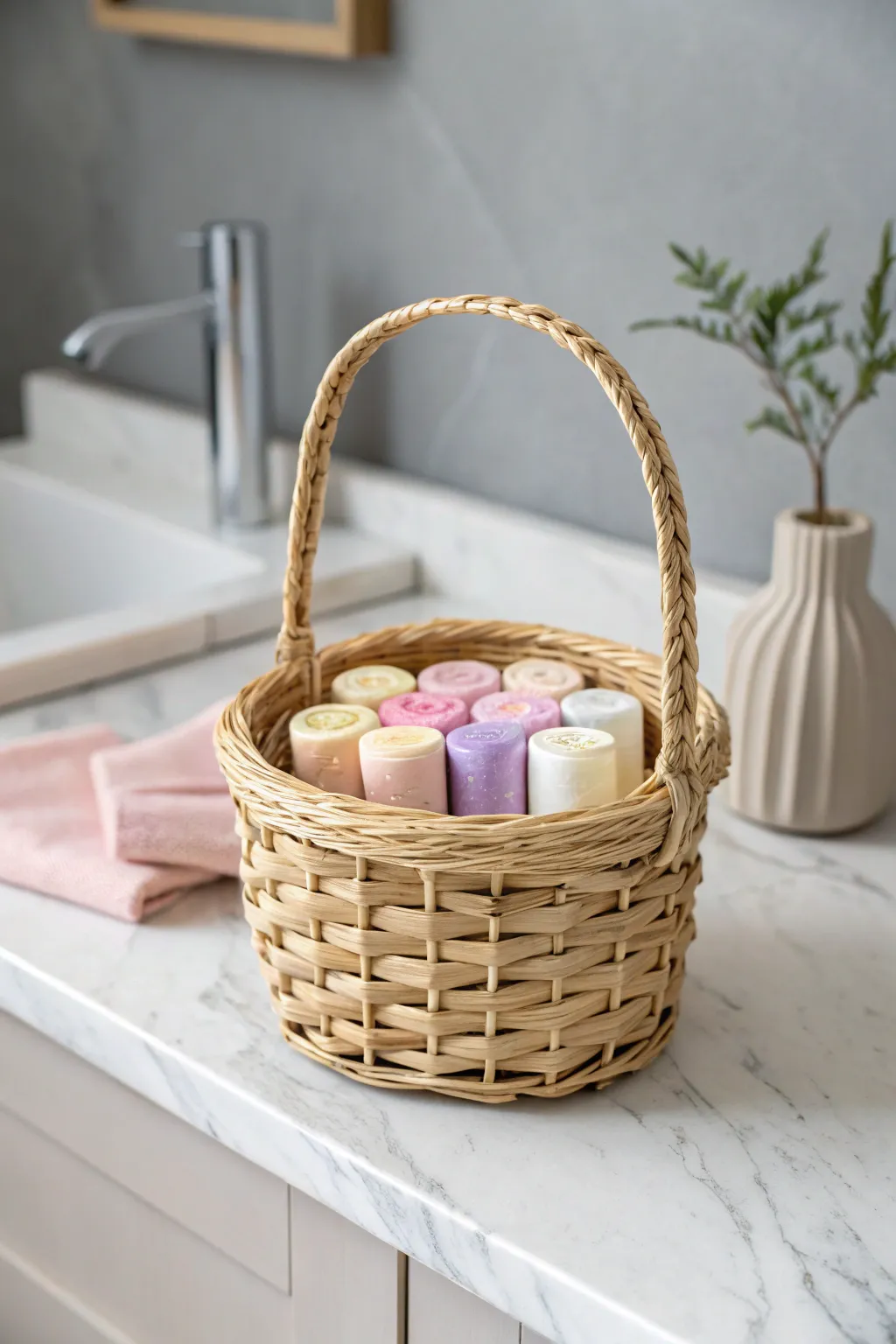 Elevate your bathroom aesthetics with this charming portable basket organizer for a touch of boho elegance and practicality.