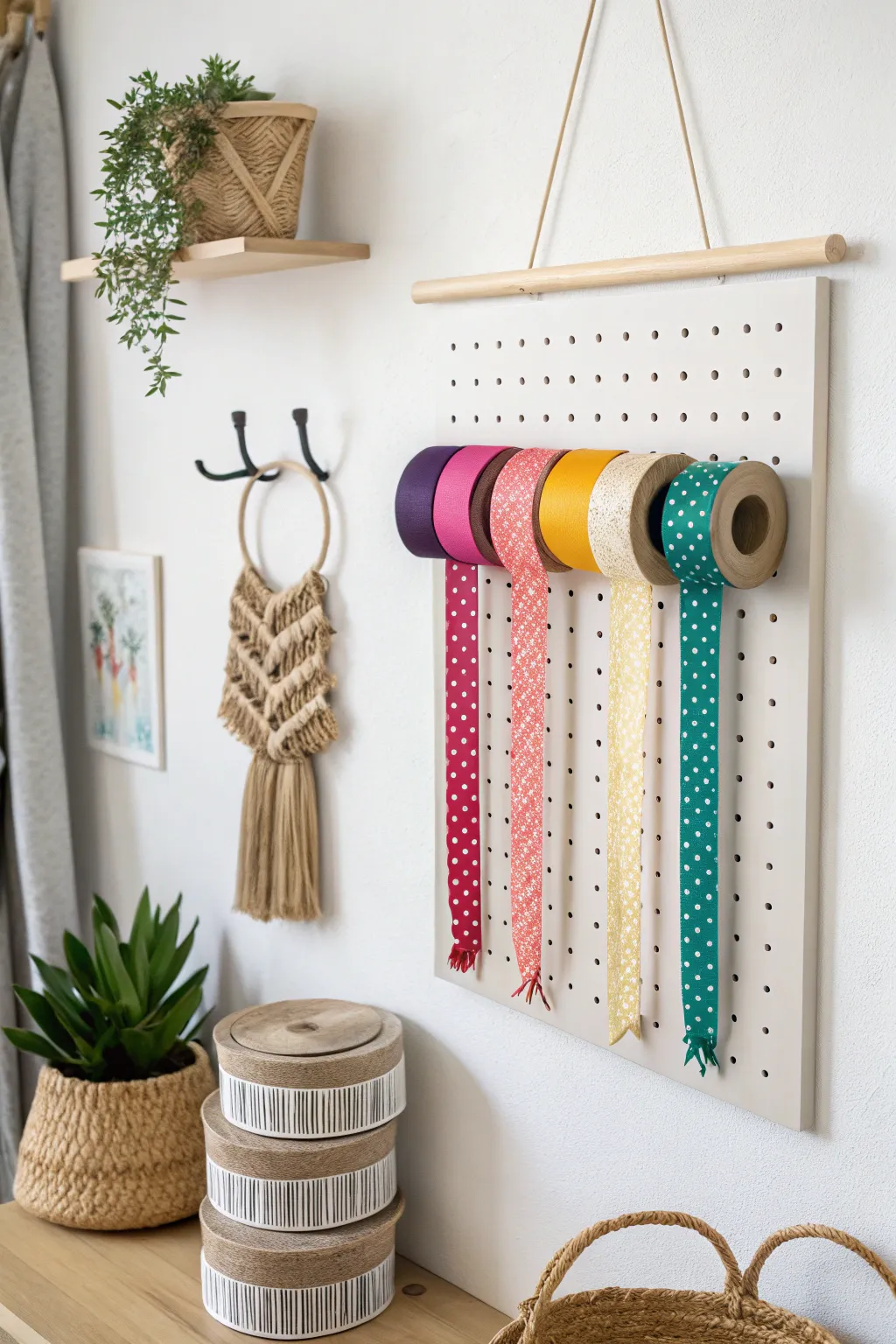 Transform your tape collection into a vibrant art piece with this elegant pegboard display. #ScandinavianMinimalism #BohoCraft