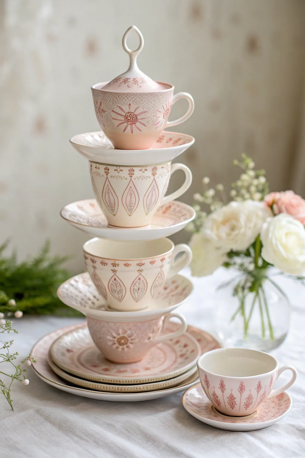 Elevate your table with a whimsical teacup tower, where minimalism meets boho charm!