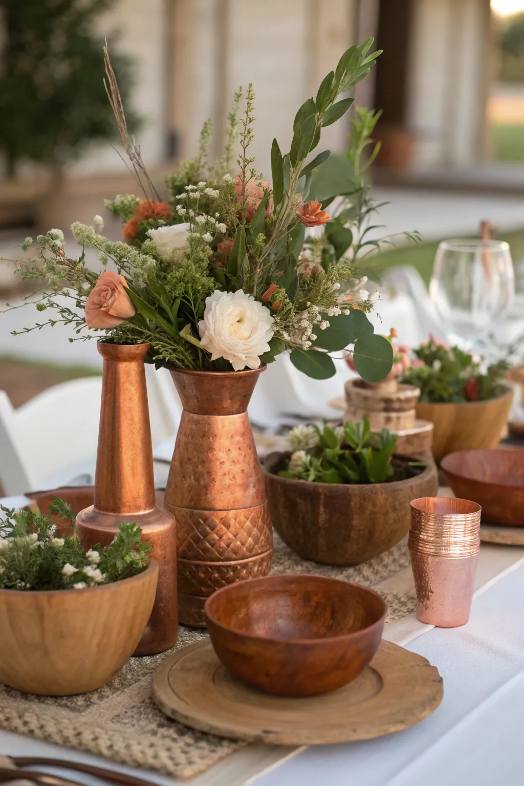 A rich blend of terracotta, copper, and wood creates a stunning centerpiece.
