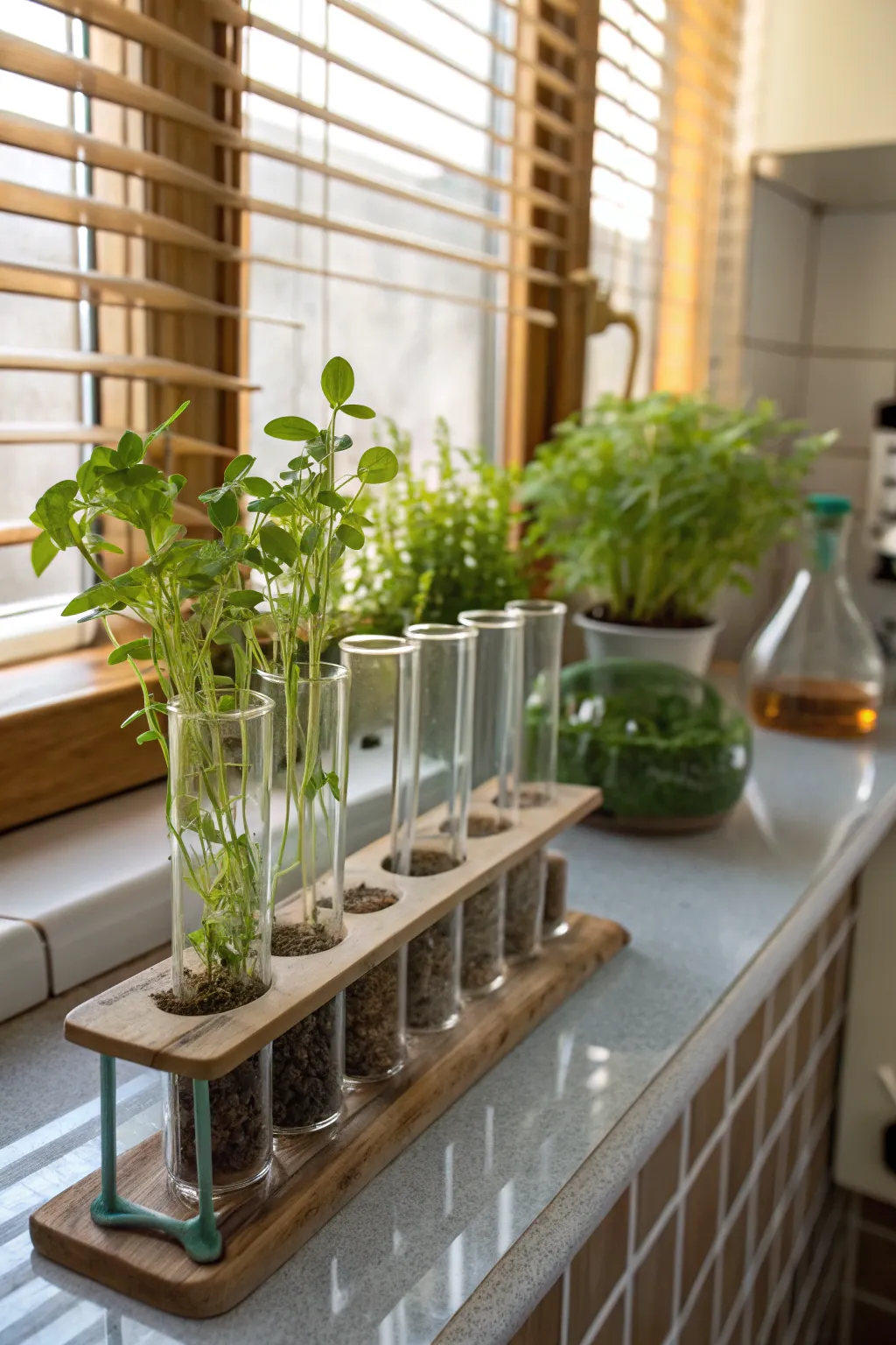 A space-saving herb garden using test tubes offers fresh flavors right at your fingertips.